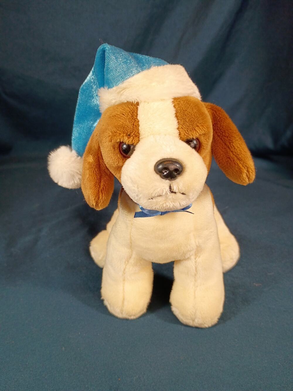 Vintage Golden Bear Co Puppy Dog Plush Blue Santa Hat
